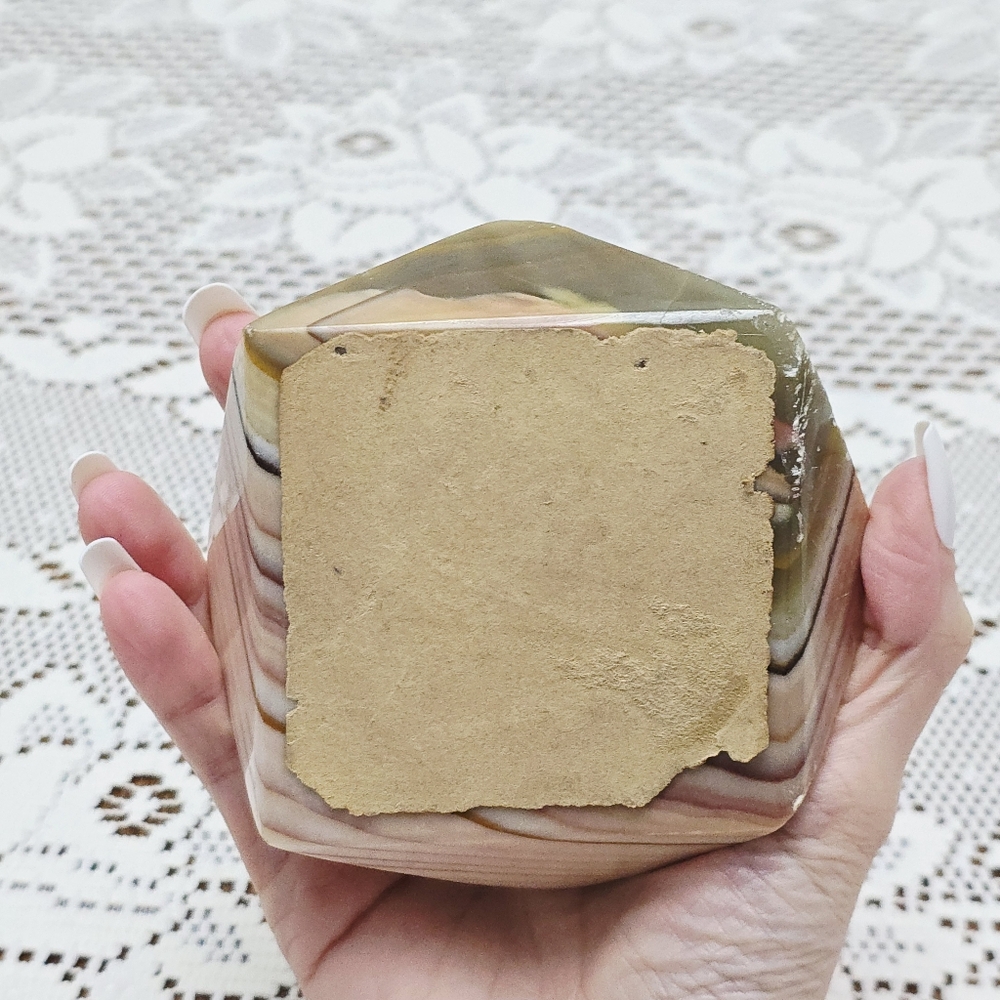 Vintage MCM Onyx Ashtray Marble Alabaster Heavy Stone Cream Green Pink Tan - Picture 15 of 16